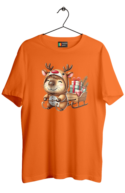 Men's t-shirt with prints Christmas Capybara with a Gift. Animal, capybara, christmas, christmas capybara, gift, holiday, new year, new year`s gift, santa. 2070702