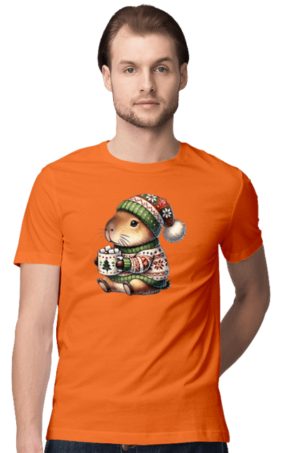 Men's t-shirt with prints Capybara with hot chocolate. Animal, capybara, christmas, christmas capybara, gift, holiday, hot chocolate, new year, santa. 2070702