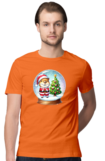 Men's t-shirt with prints Christmas Capybara with a Tree. Animal, capybara, christmas, christmas capybara, christmas tree, gift, holiday, new year, new year`s gift, santa. 2070702