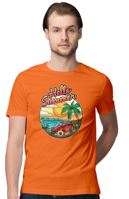 Футболка чоловіча з принтом "Привіт Літо, Машина Біля Моря". Літо, машина, острів, пальма, пляж. 2070702
