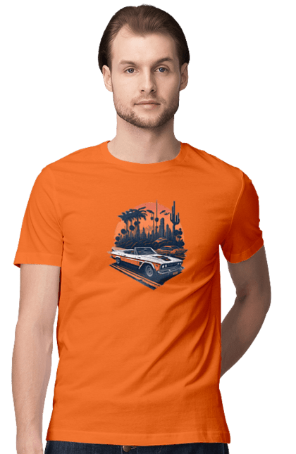 Футболка чоловіча з принтом "Гарне авто на закаті". Авто, закат, захід сонця, солнце, сонце. 2070702