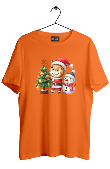 Men's t-shirt with prints Christmas Capybara with a Tree. Animal, capybara, christmas, christmas capybara, christmas tree, gift, holiday, new year, new year`s gift, santa. 2070702