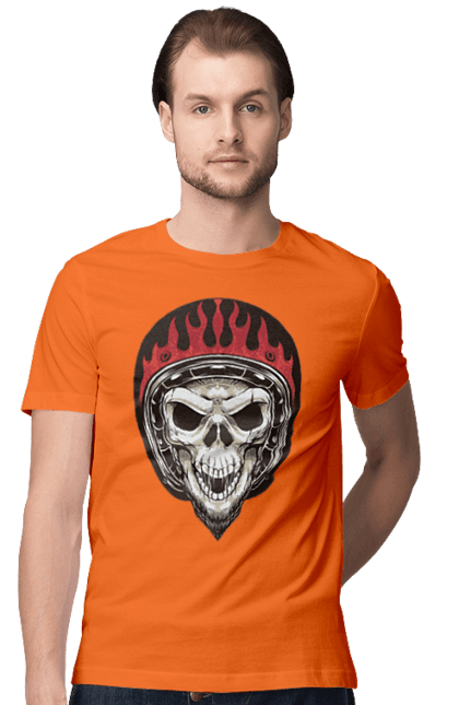 Men`s t-shirt with prints Skull in a motorcycle helmet. Helmet, moto, skeleton, skull. 2070702