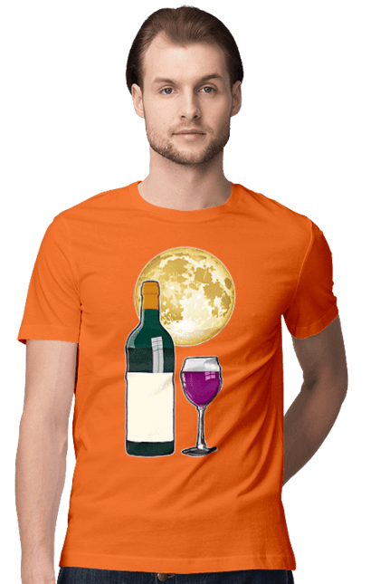 Футболка чоловіча з принтом "Червоне вино під Місяцем". Алкоголь, вино, диск, келих, коло, місяць, ніч, пляшка, романтика, світло, скло, чарка, червоне вино. ART принт на футболках