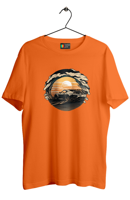 Футболка чоловіча з принтом "Додж на заході сонця". Авто, автомобіль, додж, машина, машини. 2070702