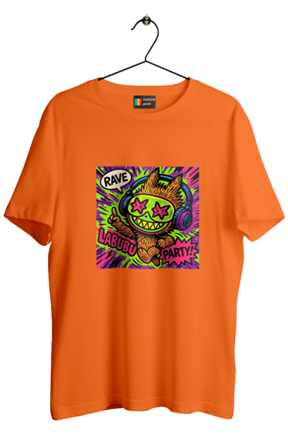 Футболка чоловіча з принтом "Лабубу". Вечірка, вуличне мистецтво, графіті, зоряніочі, коміксстиль, лабубу, навушники, неон, попарт, рейв. 2070702