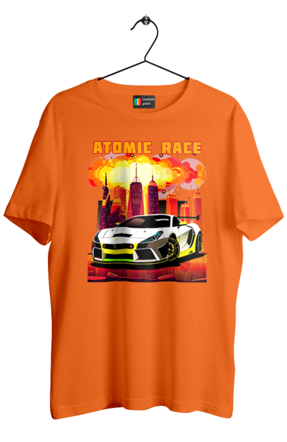 Футболка чоловіча з принтом "Атомна гонка". Авто, автомобіль, атомні перегони, гонки, гоночні машини, спортивна машина, спорткар. 2070702