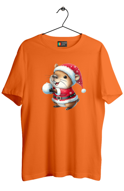 Men's t-shirt with prints Capybara playing snowballs. Animal, capybara, christmas, christmas capybara, game, gift, holiday, new year, santa, snowballs. 2070702