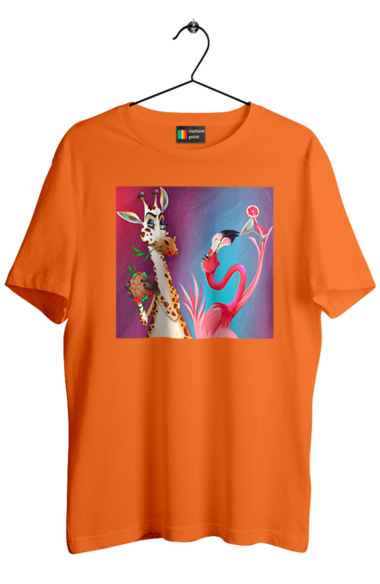 Футболка мужская с принтом Жираф И Фламинго На Вечеринке. Еда, жираф, коктейль, фламинго. 2070702