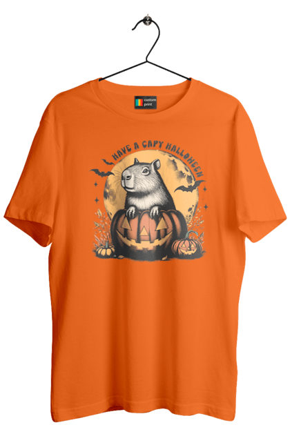 Men's t-shirt with prints Capybara Halloween. Animal, capybara, halloween, holiday, moon, pumpkin, rodent. 2070702