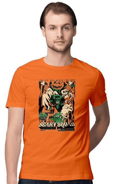 Men's t-shirt with prints Halloween Scary Squad. Costume, ghost, halloween, holiday, october, october 31, pumpkin, skeleton, sweets, trick or treat. 2070702