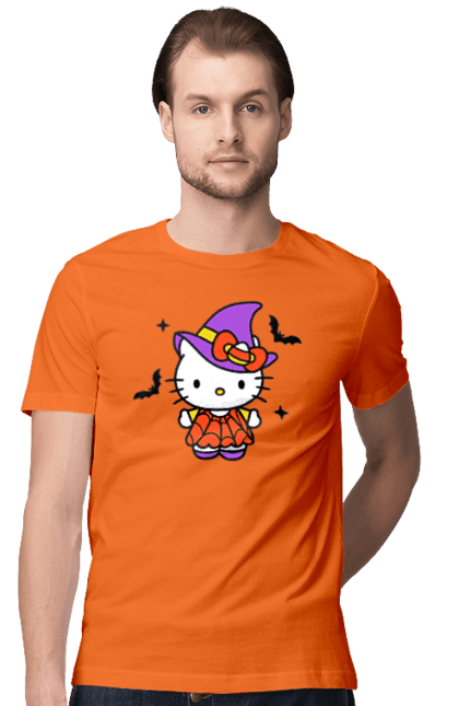 Футболка мужская с принтом Хелло Китти Хэллоуин. Halloween, hello kitty, witch, бренд, ведьма, кот, котенок, персонаж, хелло китти, хэллоуин. 2070702