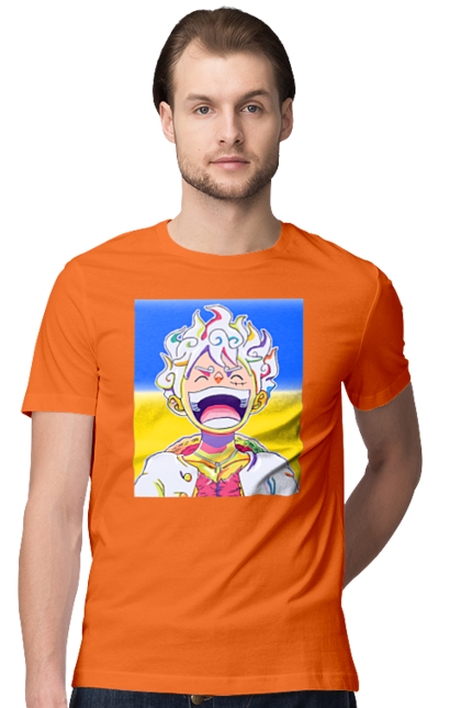 Футболка чоловіча з принтом "Монкі д Луффі сміється на жовто блактному фоні". Ван піс, луффі, монкі д. луффі, прапор україни, символ україни, україна. 2070702