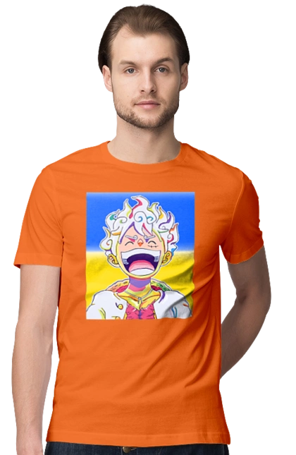 Монки д Луффи смеется на желтом синем фоне.