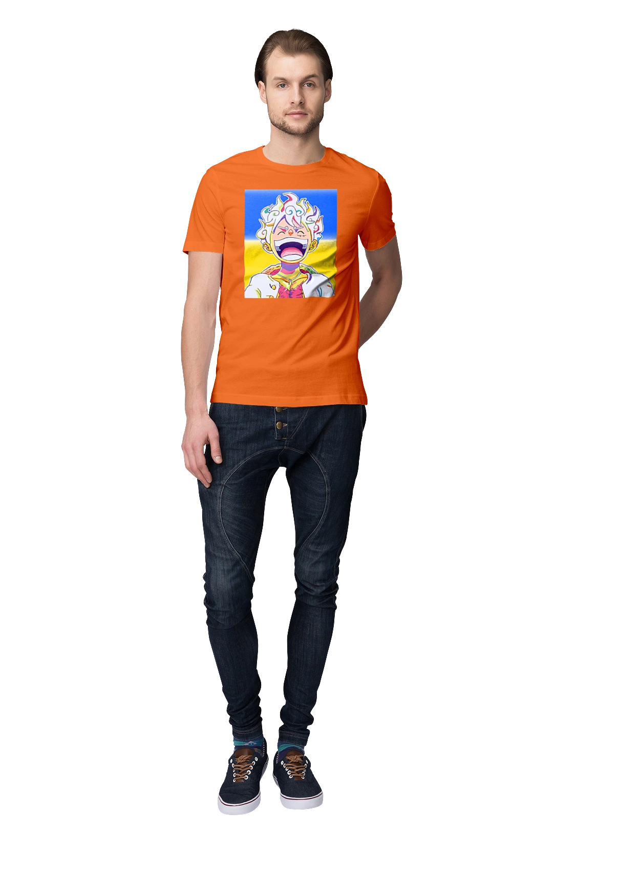 Монки д Луффи смеется на желтом синем фоне.