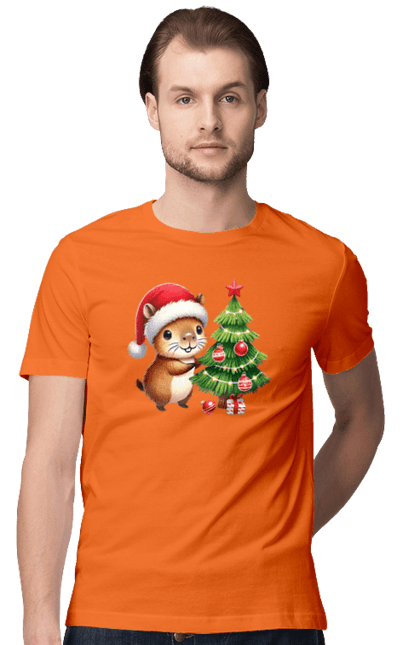 Men's t-shirt with prints Christmas Capybara with a Tree. Animal, capybara, christmas, christmas capybara, christmas tree, gift, holiday, new year, new year`s gift, santa. 2070702