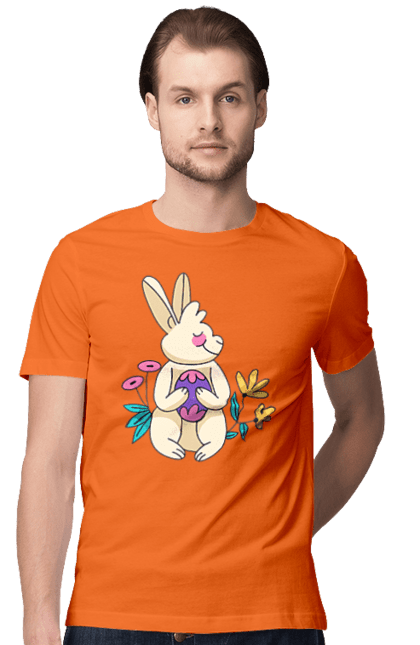 Футболка чоловіча з принтом "Кролик з квітами і яйцем". Заєць, крашанка, кролик, куліч, паска, пасха, яйця. CustomPrint.market
