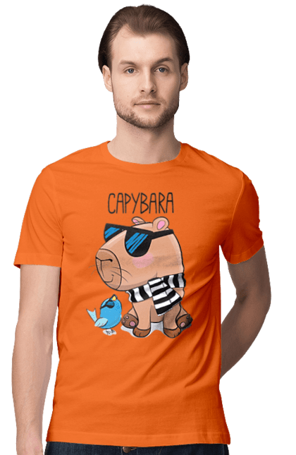 Футболка чоловіча з принтом "Стильна капібара". Капібара, модна капібара, настрій, окуляри, птах, сонячні окуляри, стильна капібара, тварина, шарф у смужку. 2070702