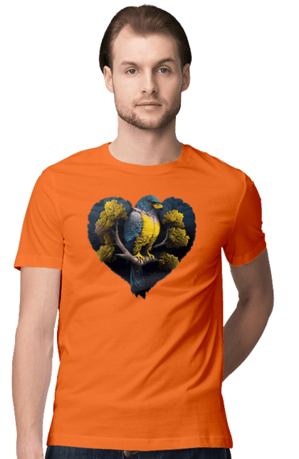 Men`s t-shirt with prints Blue and yellow falcon. Falcon, flag of ukraine, heart, symbol of ukraine, tree, ukraine. 2070702