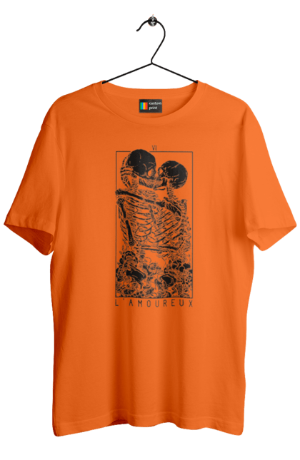 Men's t-shirt with prints Skeletons in love. Bones, kiss, love, scull, skeletons, tarot, teeth. 2070702