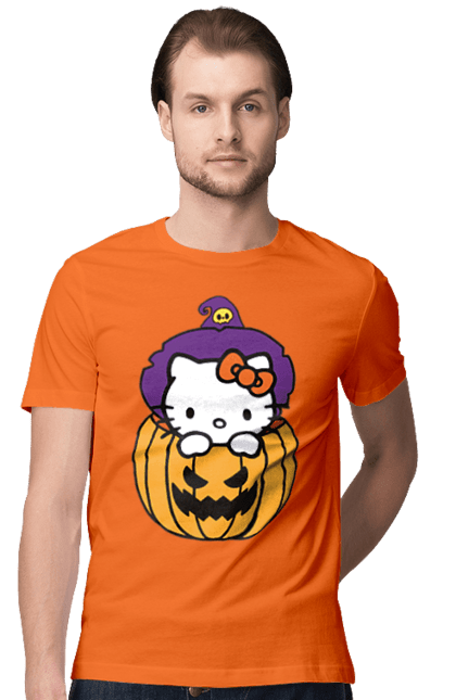 Футболка мужская с принтом Хелло Китти Хэллоуин. Halloween, hello kitty, witch, бренд, ведьма, кот, котенок, персонаж, хелло китти, хэллоуин. 2070702