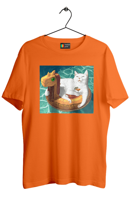 Футболка чоловіча з принтом "Білий кіт у плавальному колі, на відпочинку". Басейн, відпочинок, кіт, коктейль, море, плавальний круг. 2070702