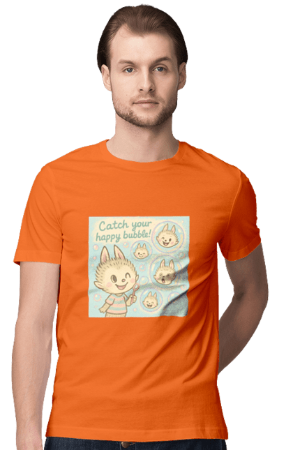 Футболка чоловіча з принтом "Лабубу". Бульбашки, грайливо, каваї, казково, лабубу, милаілюстрація, ніжнікольори, пастельнамистецтво, щасливі бульбашки. 2070702