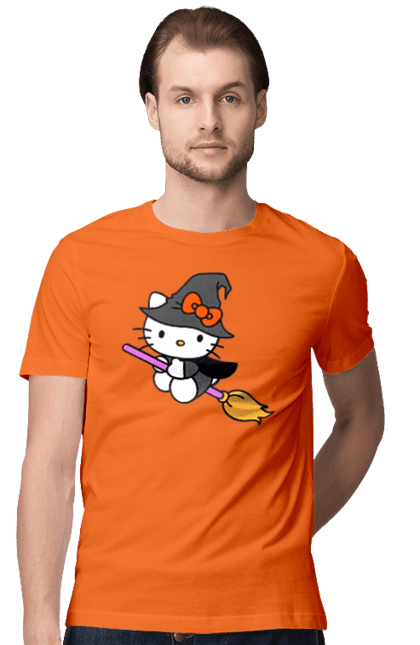 Футболка мужская с принтом Хелло Китти Хэллоуин. Halloween, hello kitty, witch, бренд, ведьма, кот, котенок, персонаж, хелло китти, хэллоуин. 2070702