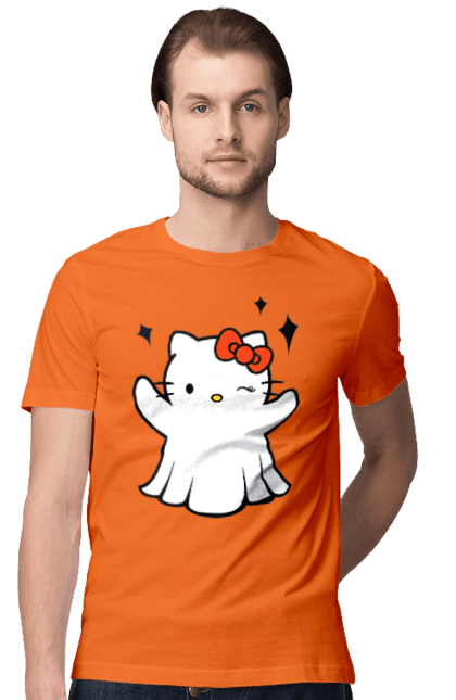 Футболка мужская с принтом Хелло Китти Хэллоуин. Ghost, halloween, hello kitty, бренд, кот, котенок, персонаж, привидение, хелло китти, хэллоуин. 2070702