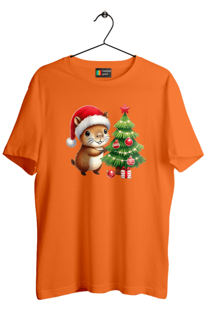 Men's t-shirt with prints Christmas Capybara with a Tree. Animal, capybara, christmas, christmas capybara, christmas tree, gift, holiday, new year, new year`s gift, santa. 2070702