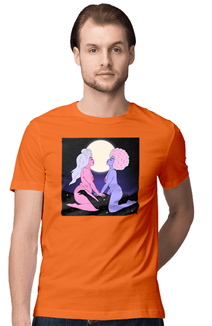 Футболка чоловіча з принтом "Дві Інопланетянки І Місяць". Дівчата, зверху, інопланетянки. 2070702