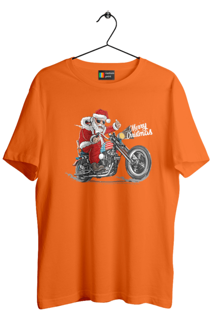 Футболка чоловіча з принтом "Санта в окулярах на мотоциклі". Байкер, дід мороз, зима, мотоцикл, новий рік, різдво, санта, санта клаус, сніг, щасливого різдва. 2070702