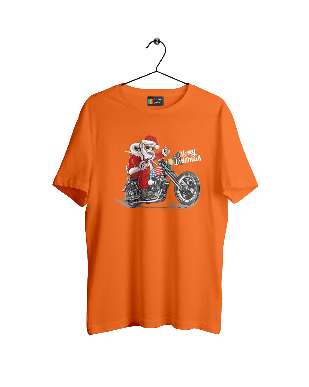 Santa in glasses on a motorcycle