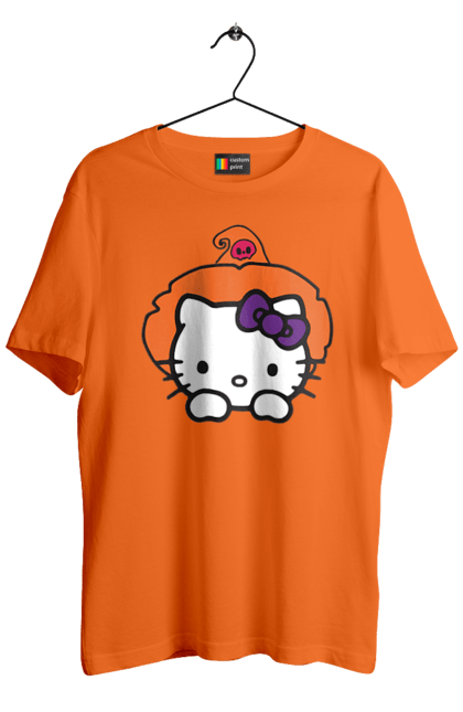 Футболка мужская с принтом Хелло Китти Хэллоуин. Halloween, hello kitty, witch, бренд, ведьма, кот, котенок, персонаж, хелло китти, хэллоуин. 2070702