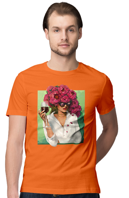 Футболка чоловіча з принтом "Дівчина з півоніями та келихом". Вино, дівчина, квітка, келих, літо, окуляри, півонії, сорочка. 2070702