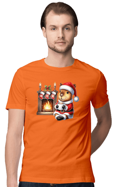 Men's t-shirt with prints Capybara by the fireplace with hot chocolate. Animal, capybara, christmas, christmas capybara, fireplace, gift, holiday, hot chocolate, new year, santa. 2070702