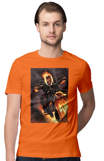 Men`s t-shirt with prints Hell Racer. Chopper, fire, hell racer, motorcycle, skeleton. 2070702