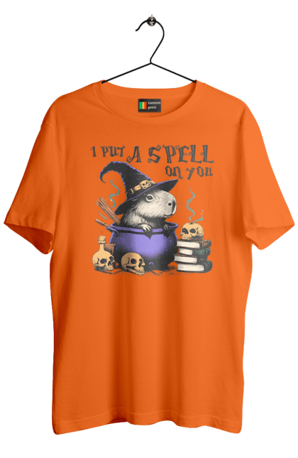 Men's t-shirt with prints Capybara Halloween. Animal, capybara, ghost, halloween, holiday, moon, pumpkin, rodent, witch. 2070702