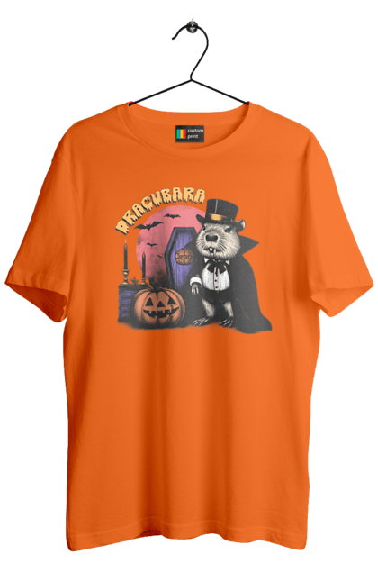 Men's t-shirt with prints Capybara Halloween. Animal, capybara, ghost, halloween, holiday, moon, pumpkin, rodent, vampire. 2070702