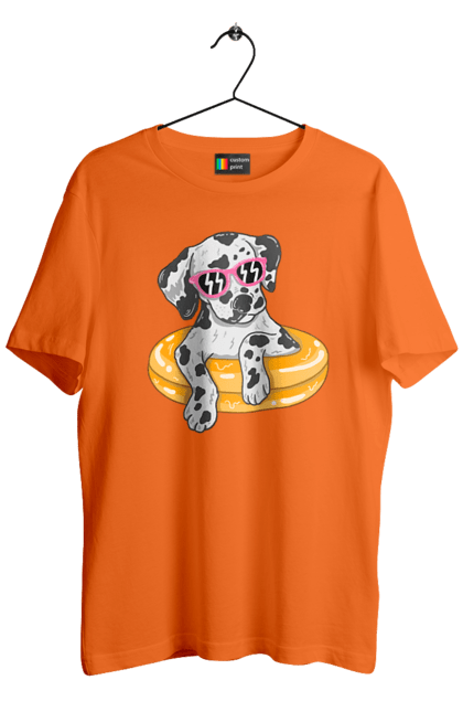 Футболка чоловіча з принтом "Далматинець Плаває У Колі". Далматинець, окуляри, плавати, собака. 2070702