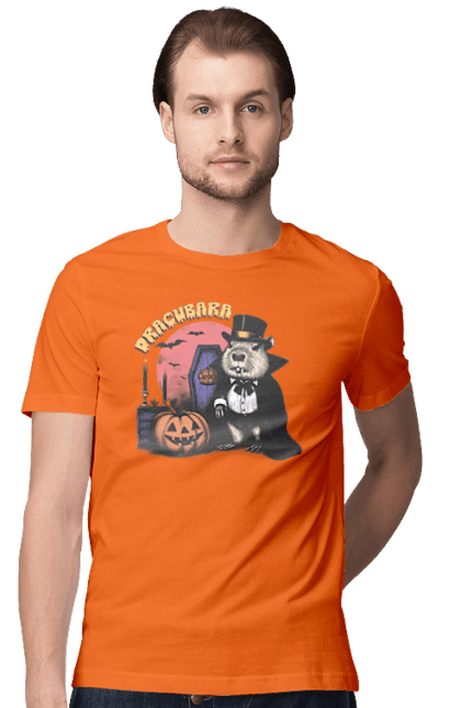 Men's t-shirt with prints Capybara Halloween. Animal, capybara, ghost, halloween, holiday, moon, pumpkin, rodent, vampire. 2070702