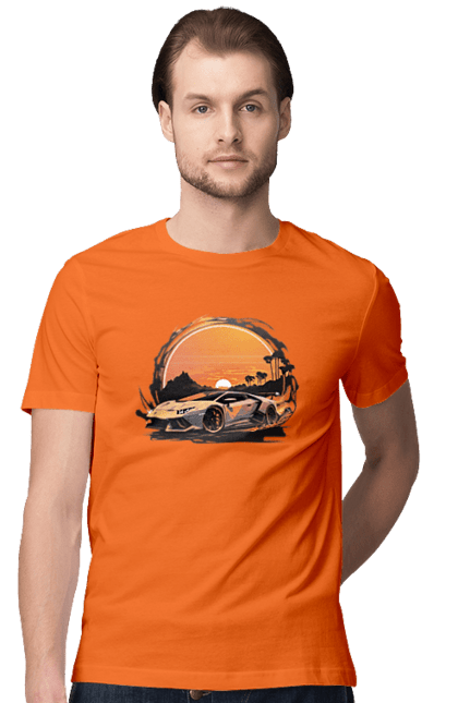 Men`s t-shirt with prints Lamborghini at sunset. Car, cars, lamba, lamborghini, lamborghini at sunset. 2070702