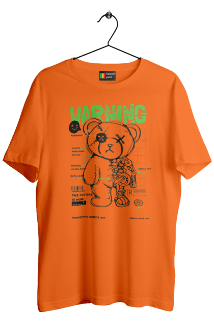 Men's t-shirt with prints Robot bear. Attention, bear, details, robot, toy, warning. 2070702