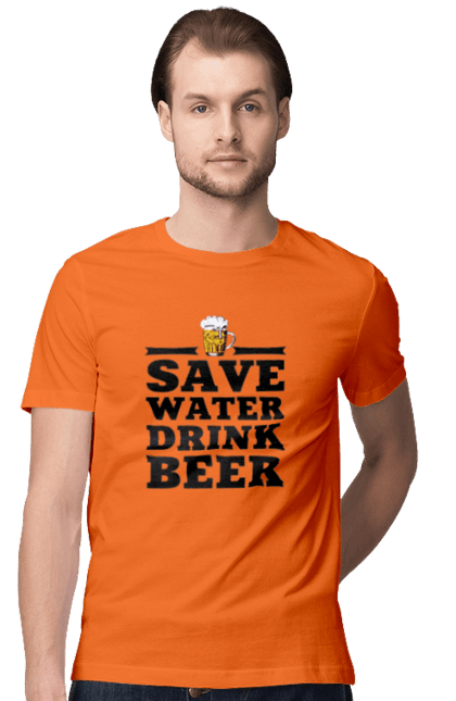 Футболка чоловіча з принтом "Бережи воду, пий пиво (чорна)". 18+, алкоголь, бар, гумор, любителям писа, меми, пиво, приколи, текст, чоловікам. 2070702