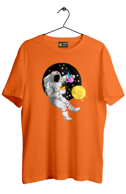 Футболка чоловіча з принтом "Космонавт у космосі поливає квіти". Агроном, квітка, космонавт, космос, планета. CustomPrint.market