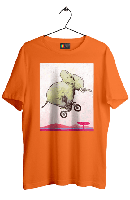 Men`s t-shirt with prints Elephant On A Motorcycle. Elephant, flight, motorcycle. 2070702