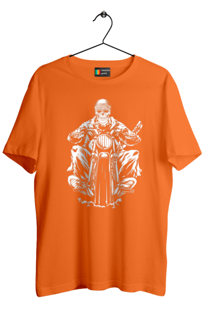 Men`s t-shirt with prints Skull on a motorcycle. Biker, motorcycle, skeleton, skull. 2070702