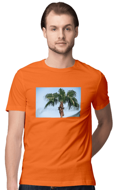 Футболка чоловіча з принтом "Пальма на тлі неба". Берег, блакитне, відпочинок, відпустку, єгипет, зелений, зелені, лист, листя, море, небо, оазис, океан, острів, пальма, південь, подорож, пригоди, тропіки, туреччина. 2070702
