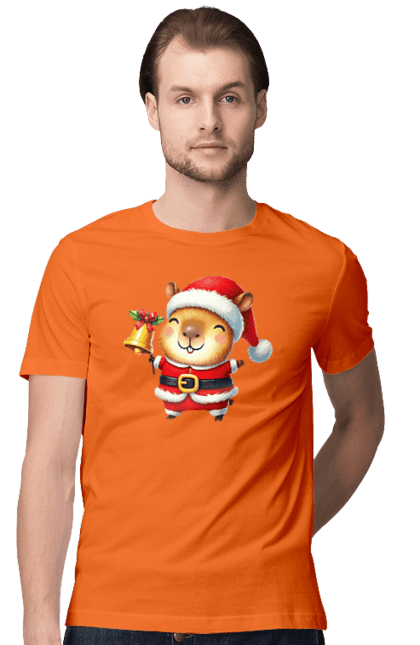 Men's t-shirt with prints Funny capybara with a bell. Animal, bell, capybara, christmas, christmas capybara, gift, holiday, new year, new year`s gift, santa. 2070702