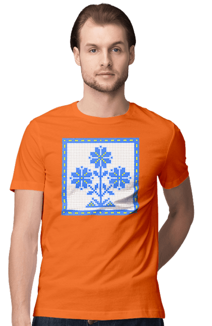 Футболка чоловіча з принтом "Жовто блакитна вишивка квіти". Вишивка, вишивка хрестиком, квіти, символ україни, традиції україни, україна. 2070702
